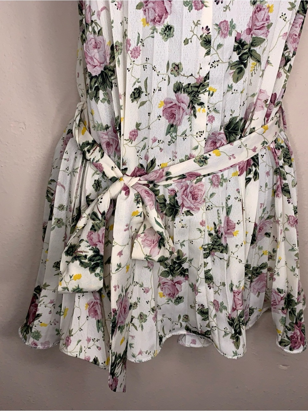 Ivory White Pink Rose Floral Pleated Tunic Blouse Square Neckline Size 6 - Picture 5 of 15